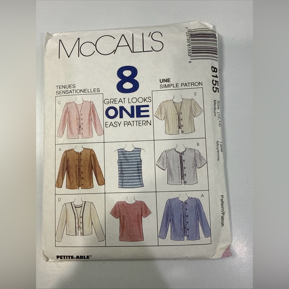 McCall's Pattern 8155 Misses Top‎ Jacket 2 Lengths Size Medium 12-14 Uncut